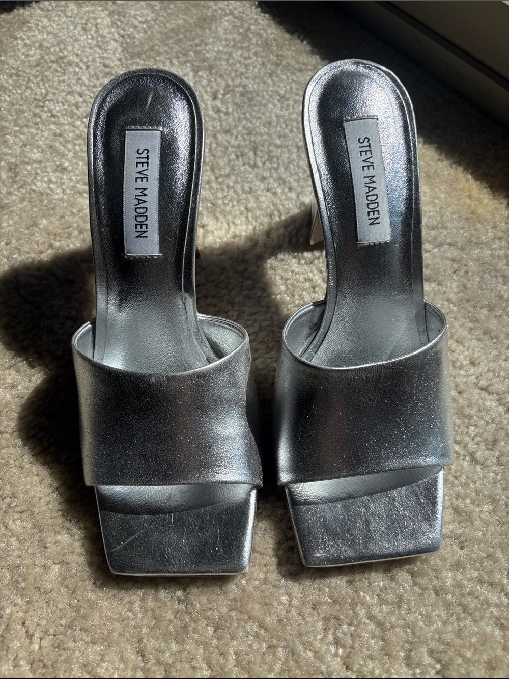 Steve Madden Metallic Silver Square-Toe Slide Mules